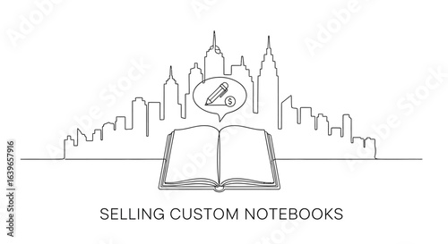 Notebook's Idea & City View: A stylized vector image shows an open notebook with a thought bubble featuring a pen, set against a cityscape backdrop.