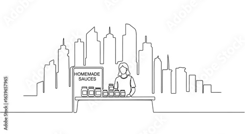 Homemade Sauces Stall: A minimalistic line art illustration portrays a street vendor, presenting a variety of homemade sauces against the backdrop of a city skyline.