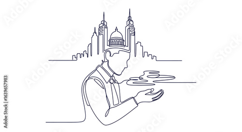 Dreaming of the Future: A conceptual line art illustration depicts a man looking towards city. Embracing the concept of thinking.
