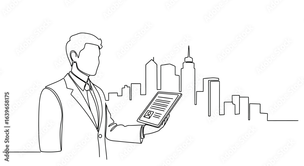 Real Estate Visionary: A sleek illustration depicts a focused professional, meticulously reviewing a digital document with a cityscape silhouette in the background. Real Estate Visionary: A sleek illustration depicts a focused professional, meticulously reviewing a digital document with a cityscape silhouette in the background.