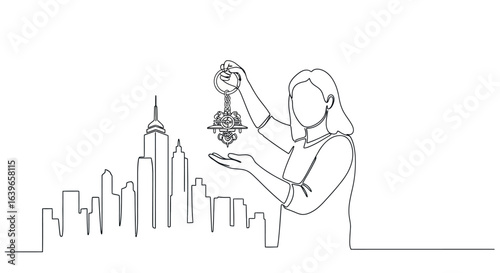 Key to the City: A minimalist line drawing depicts a person presenting an ornate key against a stylized cityscape backdrop, symbolizing opportunity and new beginnings.