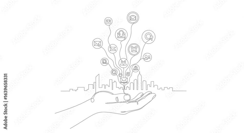 Obraz premium Connected City: A digital representation depicts a hand holding a network of connections, with city icons symbolizing integration of technology and urbanization in this captivating illustration.