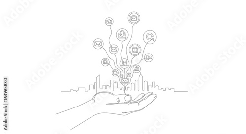 Connected City: A digital representation depicts a hand holding a network of connections, with city icons symbolizing integration of technology and urbanization in this captivating illustration.