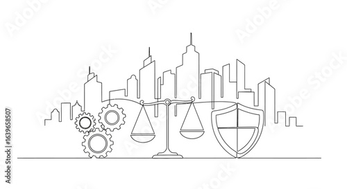 Cityscape of Justice and Protection: An artistic representation of a cityscape, highlighting justice, legal balance, and safety in a modern architectural layout, expressed with clean.