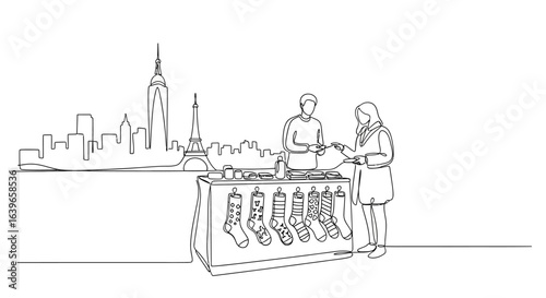 Artisan's Market in Metropolitan Scene: A continuous line drawing shows a vendor and a customer interacting at a stall filled with handcraft, against a backdrop of iconic urban landmarks.