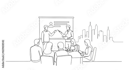 Office Collaboration Sketch: A minimalist, artistic sketch captures a business presentation in progress, with two figures addressing a captivated audience.