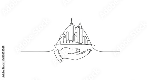 Urban Offering: A minimalist line drawing depicts a supportive hand cradling a cityscape, symbolizing the safeguarding and development of urban environments. 