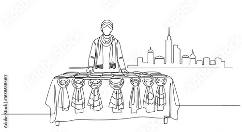 Street Vendor selling Scarves: A minimalist line drawing depicts a street vendor showcasing a collection of colorful scarves against a backdrop of urban skyline.