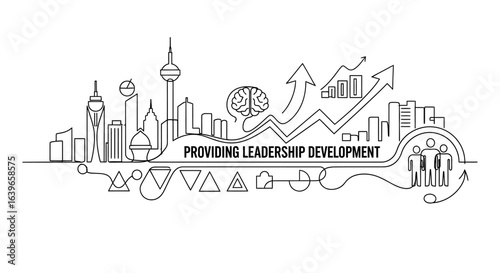 Empowering Future: A graphic symbolizing leadership, development, and growth, a city silhouette symbolizes opportunity with upward trends and interconnected elements. 