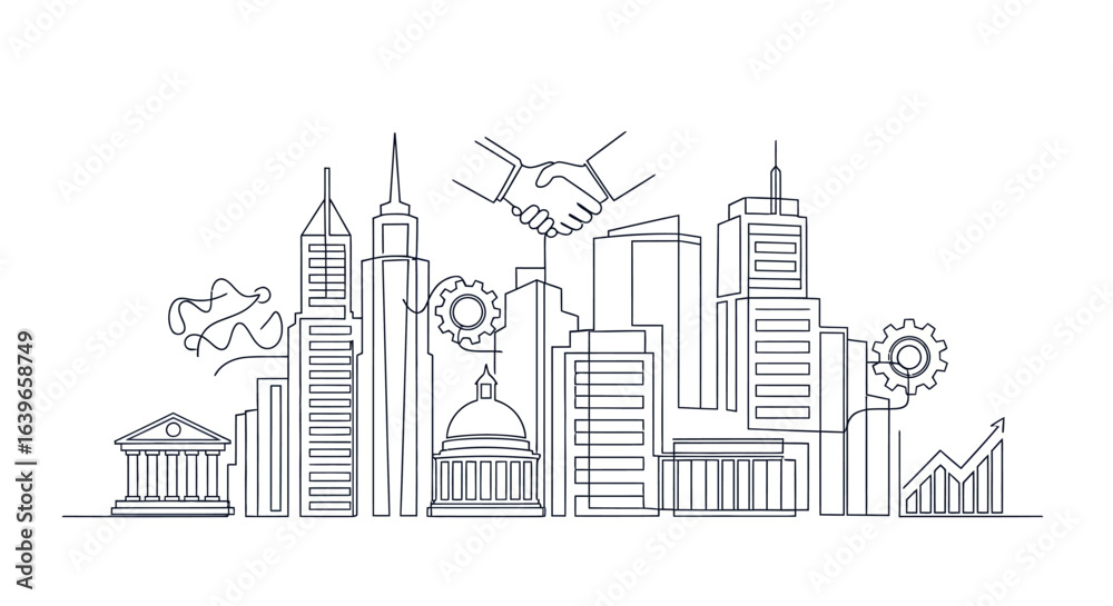 Obraz premium Cityscape of Collaboration: A single-line illustration captures a dynamic cityscape where ideas converge, depicting a cityscape with business in harmony.
