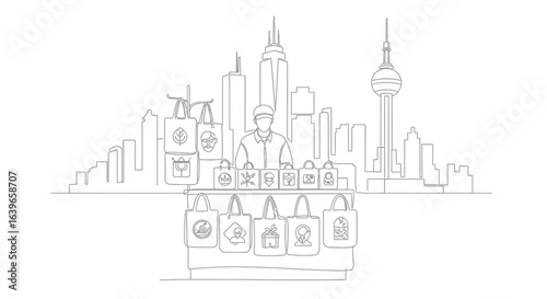 City Vendor's Showcase: A simplified illustration of a vendor stall set against a backdrop of an iconic city skyline, presenting various products.