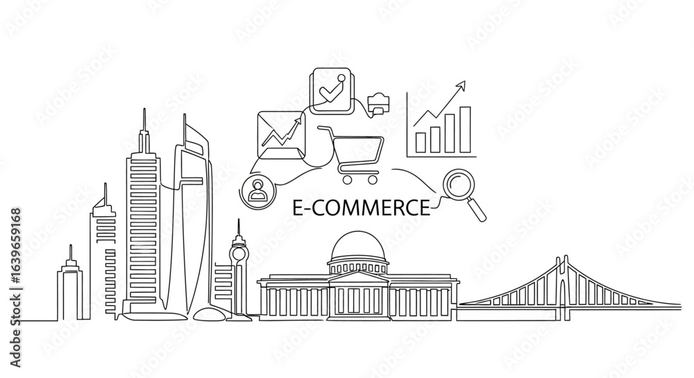 Obraz premium Digital Commerce Skyline: A clean, modern illustration merges iconic architectural outlines with e-commerce symbols, representing the future of online business.