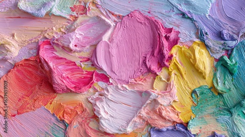 A vibrant tapestry of thick, textured paint strokes creates a colorful and abstract background, showcasing a rich blend of pastel hues and dynamic patterns.