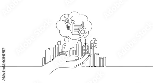 Idea in Hand: An illustration depicting a hand gently cradling a cityscape, while a thought bubble above showcases the genesis of an idea through an illuminated lightbulb.