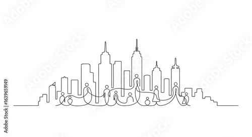Urban Connection: A continuous line drawing depicts a cityscape intertwined with figures, symbolizing unity and connection within an urban environment.