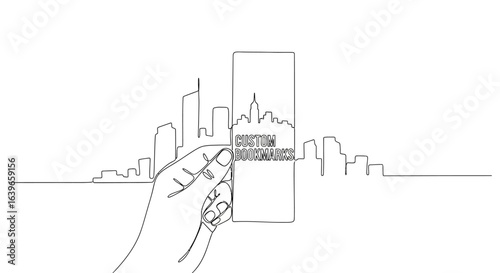 Digital city skyline: The scene shows a hand holding a digital device displaying a city skyline, illustrating the integration of technology and urban landscapes.