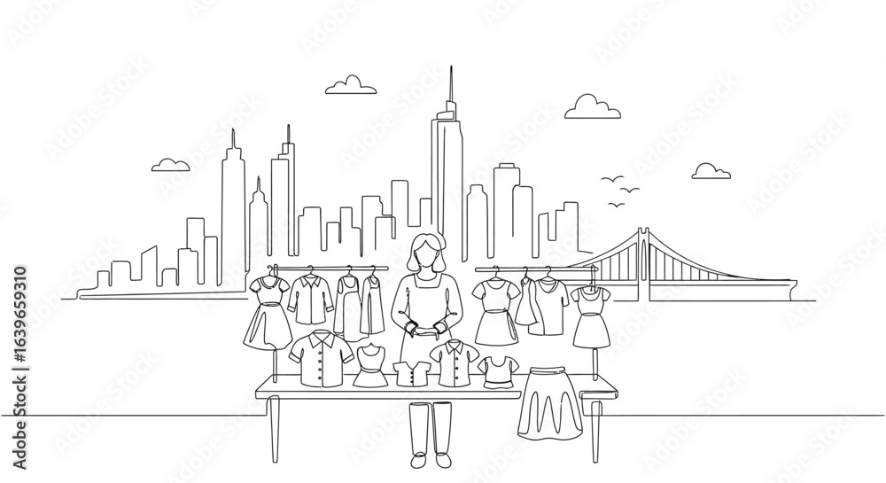 Obraz premium City Fashion Showcase: An illustrative depiction of fashion against the backdrop of the city skyline, highlighting retail and the modern lifestyle. 