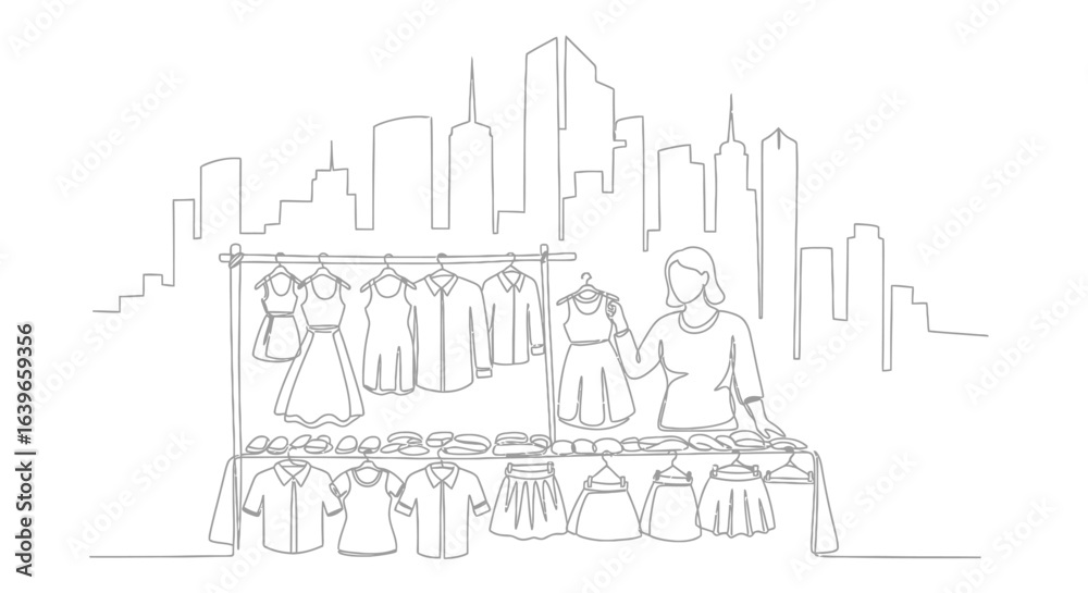 Obraz premium Fashion Selection in the City: A line drawing depicts a fashion stall in an urban setting, a vendor presenting garments to the viewers. It evokes a sense of style. 