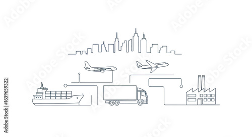 Global Logistics Network: Illustrative depiction of a streamlined global logistics network, showcasing the intricate links between different modes of transport – sea, air.