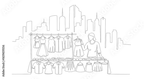 Fashion Selection in the City: A line drawing depicts a fashion stall in an urban setting, a vendor presenting garments to the viewers. It evokes a sense of style. 