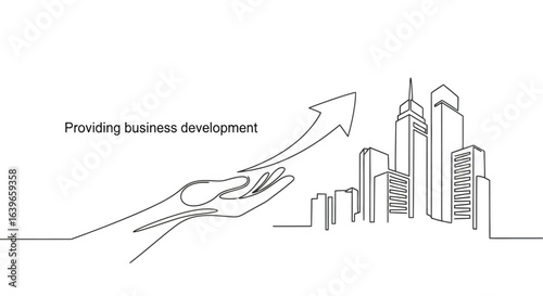 Ascending Business Development: A minimalist line drawing visualizes the concept of business development, featuring an upward-pointing arrow symbolizing growth.