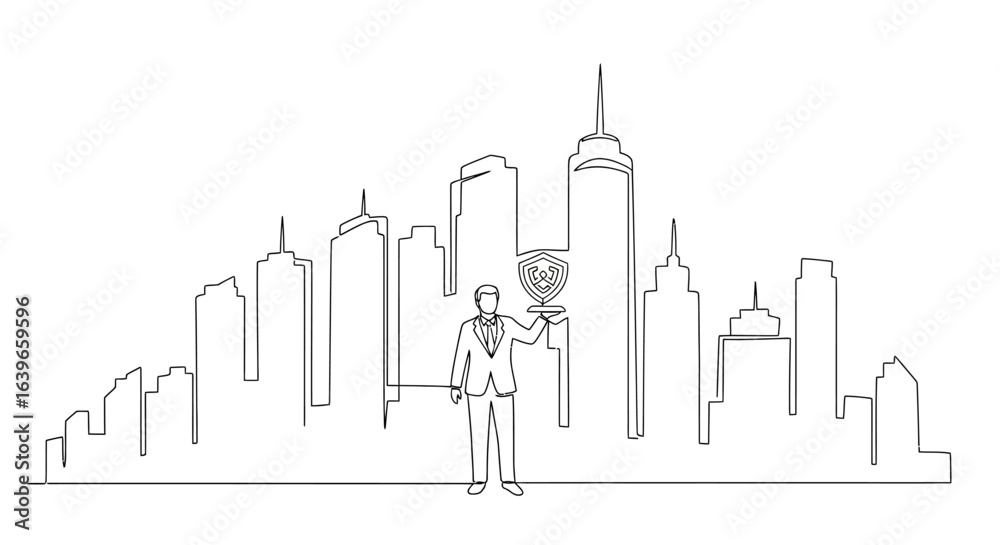 Fototapeta premium Cityscape Success: A minimalist line art illustration captures a figure triumphantly holding a trophy against a modern cityscape backdrop, representing achievement.