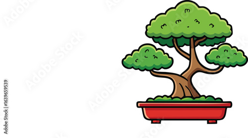 Cartoon illustration of a bonsai tree in a red pot against a plain background.