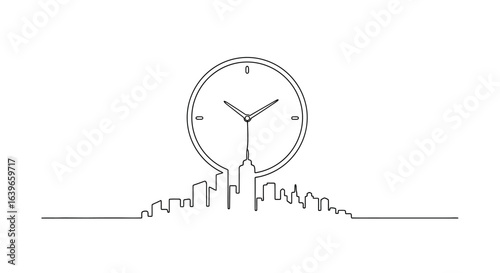 Time and Cityscape Fusion: An elegant monochrome illustration presents a clock gracefully merged with the silhouette of a city.