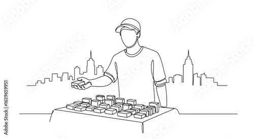 Urban Vendor's Offering: An illustration of a street vendor in a city, offering a collection of packaged items, embodies entrepreneurship and commerce.