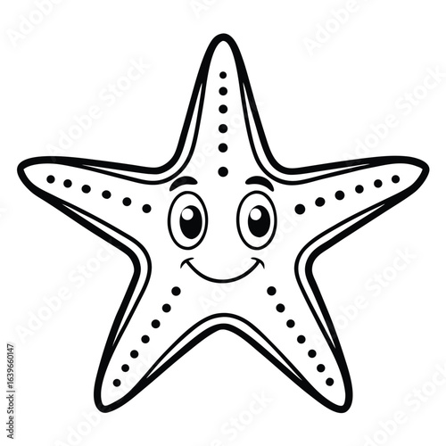 Vector art of cute cartoon starfish with a happy face, black and white outline drawing