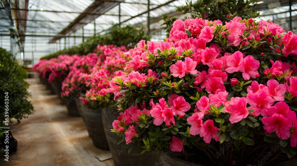 Fototapeta premium Vibrant azalea blooms thriving in potted plants inside a greenhouse
