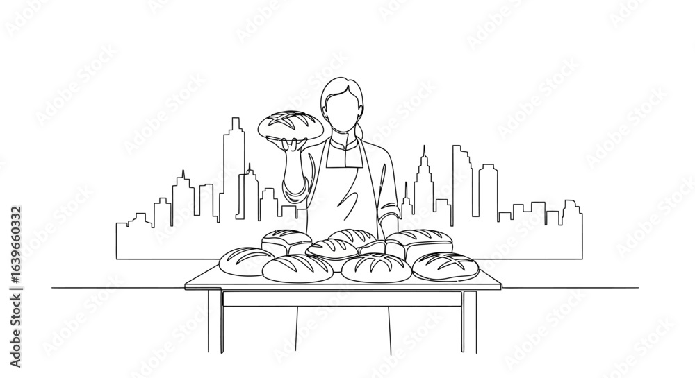 Naklejka premium Artisan Baker in Cityscape: An artisan baker, with a sense of pride, presents an array of freshly baked, golden-crusted bread, a city skyline creating a beautiful backdrop. 