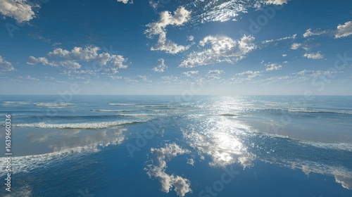 Surreal scene with a bright blue sky reflected as an ocean overhead, and the actual ocean below acting as sky, inverting reality, photorealistic, dreamlike lighting