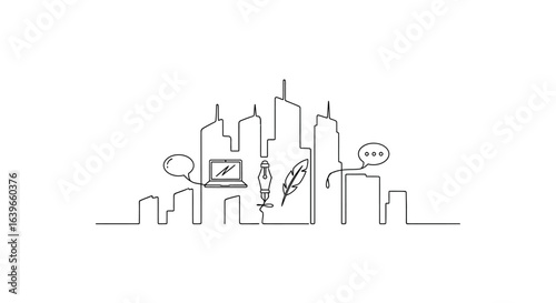 Cityscape Communication: A simple line drawing of a cityscape with speech bubbles and symbols representing communication, ideas, and technology. 