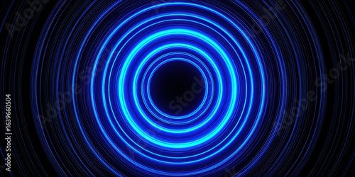 Concentric neon blue glowing circles radiate outward from a central dark void