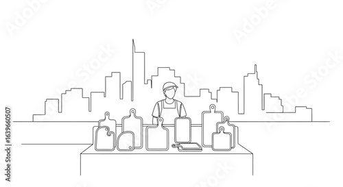 Shopkeeper in the City: A street vendor stands behind a stall of products with urban cityscape silhouette, evoking a sense of local commerce and urban life.
