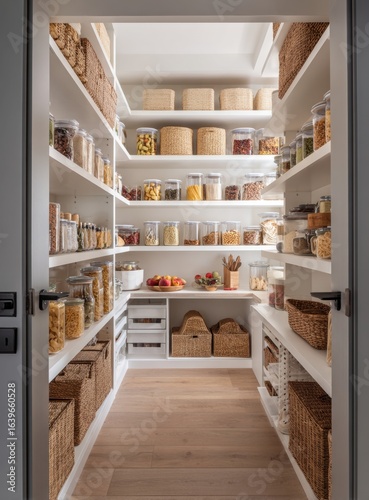 A well-organized pantry with shelves filled with various food items, boxes, and jars, creating a neat and functional storage space.