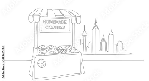 City cookies stand: A simple yet charming line art illustration of a cookie stand offering homemade treats against a city skyline, evoking the warmth of baked goods and the hustle of urban life.