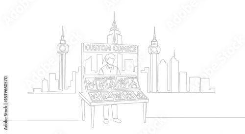 Comic Book Stand in Urban Landscape: A hand-drawn sketch depicts a comic book stand nestled within an urban landscape, showcasing the simple beauty of storytelling.