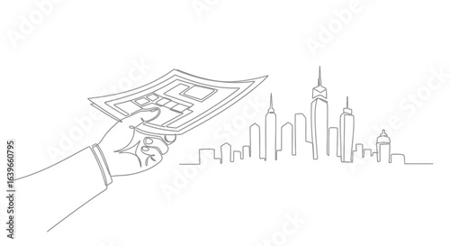 Architectural Blueprint and City Silhouette: An abstract image of an hand holding a blueprint with city skyline design showcasing planning and development