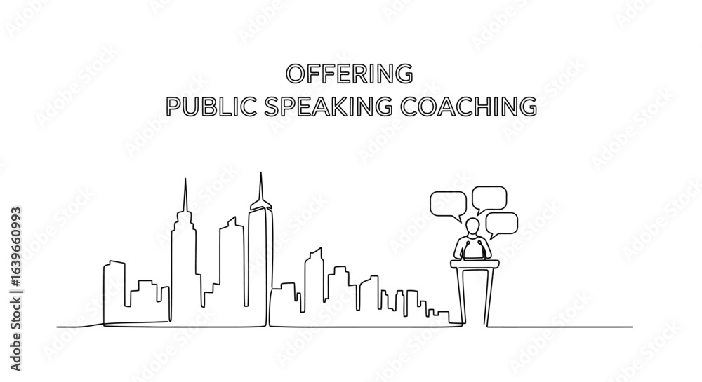 Obraz premium Empowering Voices: A dynamic vector graphic captures the essence of public speaking coaching, highlighting urban landscape and speech bubble.