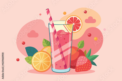 A glass of juice with fruits and a straw on a pink background illustration