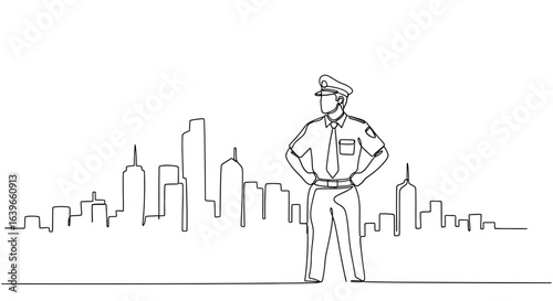 City Sentinel Silhouette: A minimalist line drawing captures a steadfast police officer standing guard against a metropolitan skyline, conveying themes of security and urban protection.