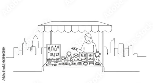 Artisan Jewelry Booth: A detailed sketch showcases an artisan jewelry booth brimming with delicate necklaces, earrings, bracelets, and rings, attended by a vendor.