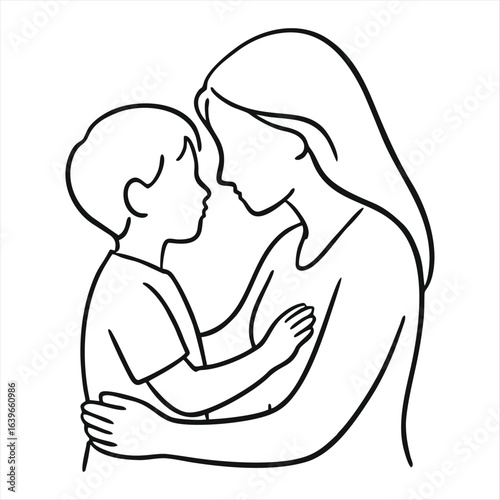 Mother and Son Loving Embrace Line Art
