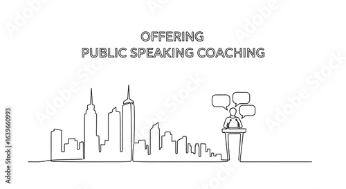 Empowering Voices: A dynamic vector graphic captures the essence of public speaking coaching, highlighting urban landscape and speech bubble.