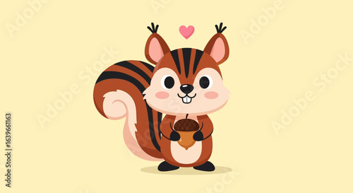 Adorable cartoon squirrel holding an acorn with a heart above its head on a pale yellow background with a playful and cute illustration style perfect for children's books and nature-themed designs sho