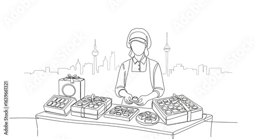Confectioner's stall in the city: A meticulous sketch of a confectioner, standing behind a table filled with delicious, handcrafted sweets.