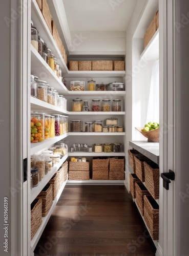 A well-organized pantry with white shelves, filled with jars, boxes, and various food items, creating a neat and functional storage space for kitchen essentials.