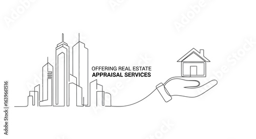 Real Estate Appraisal Services Illustration: A minimalist line art illustration depicting a hand cradling a house, set against a cityscape, symbolizing real estate appraisal services.